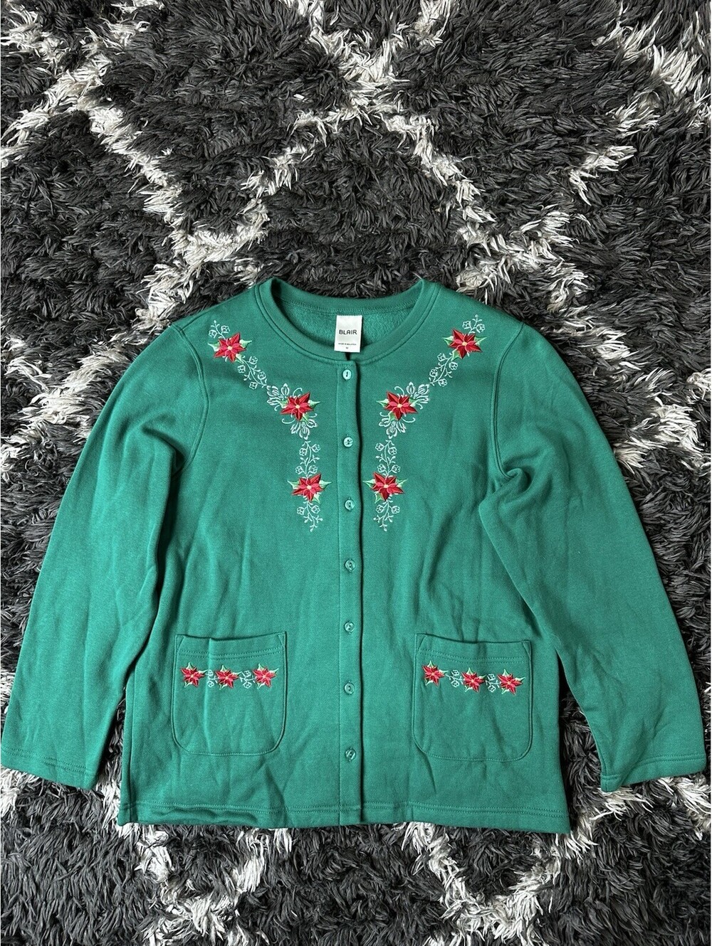 Vintage 90s Blair Button Front Sweatshirt Womens Medium Green Embroidered Floral
